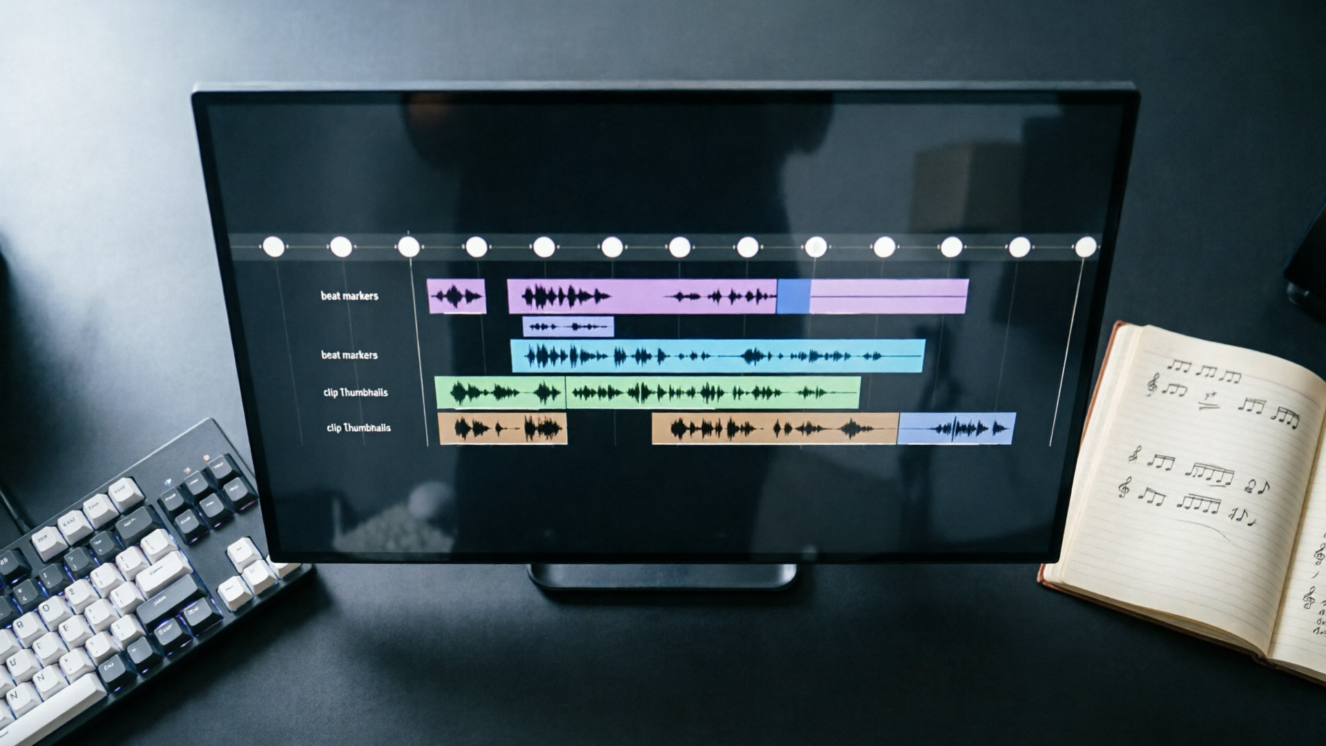 Timeline with beat markers and clips from above