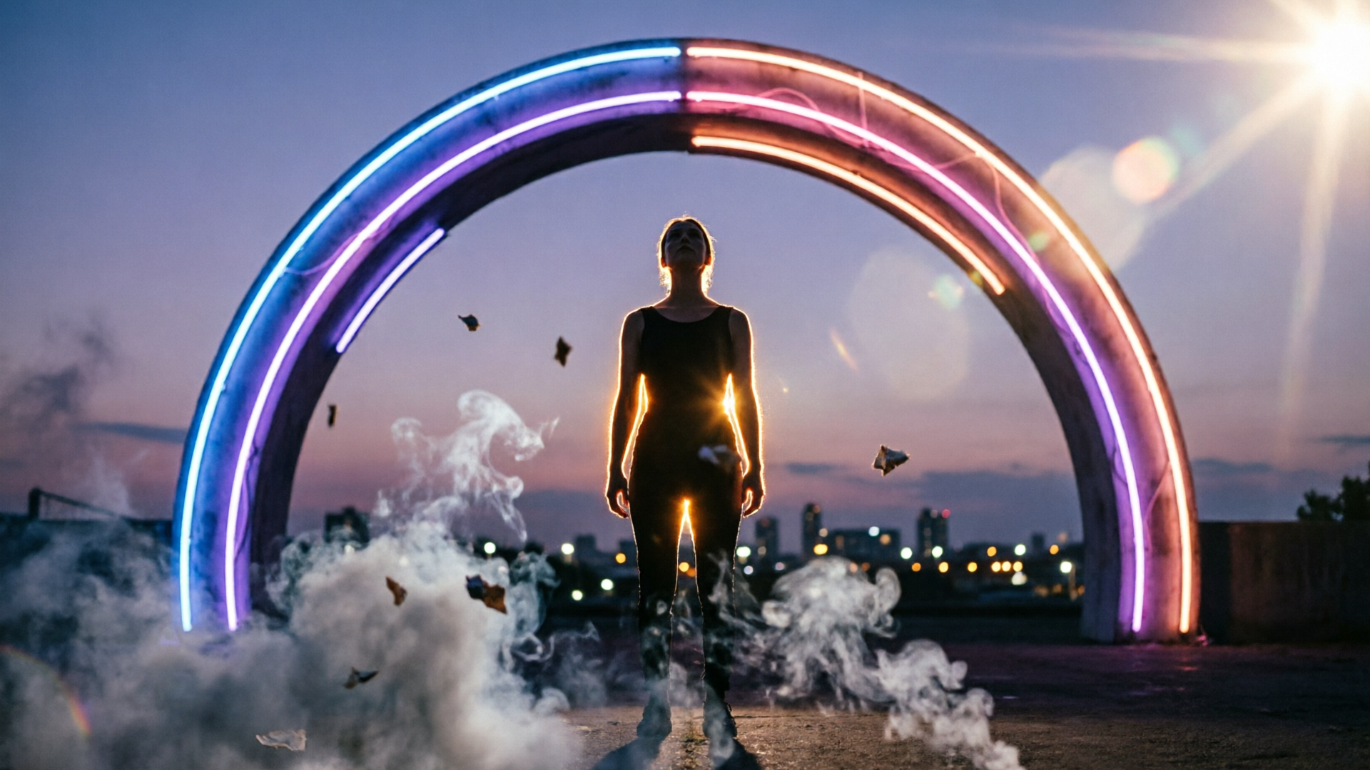 Silhouette before a neon gateway with smoke and rim light