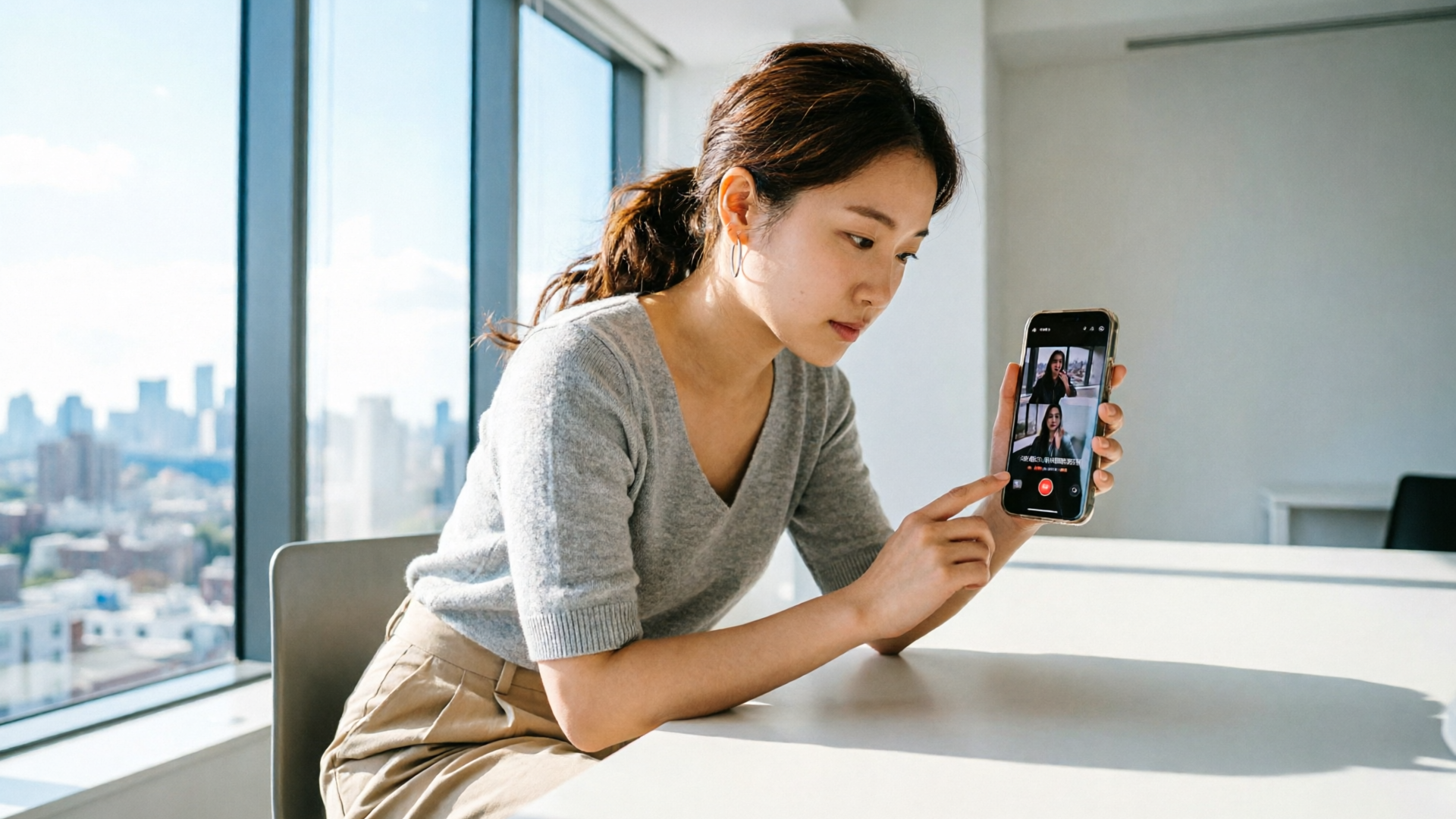 Creator checking vertical teasers on a phone at a desk