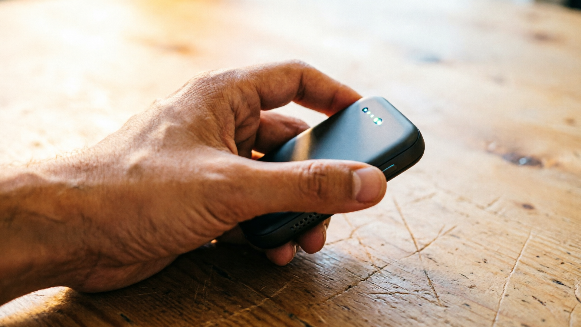 Hand holding a portable gadget over a wooden surface, candid