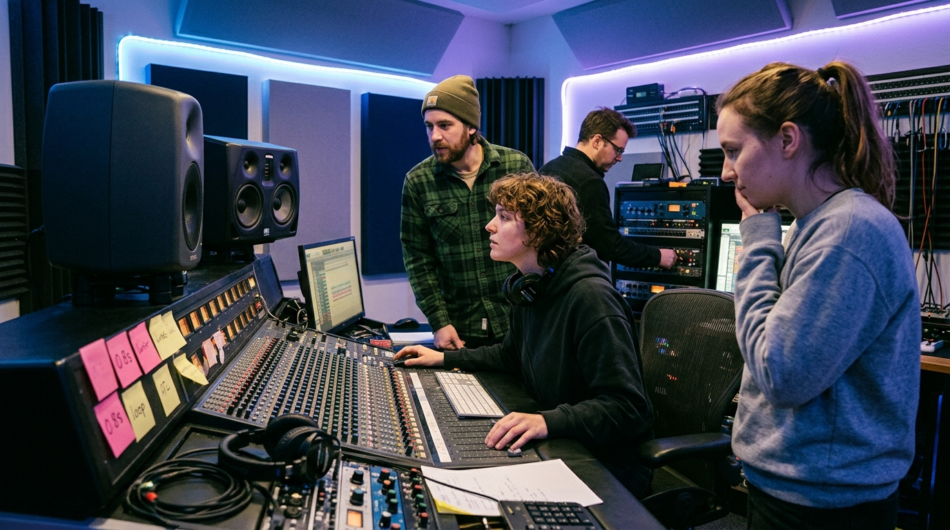 Team listening to audio cues in a studio with sticky notes