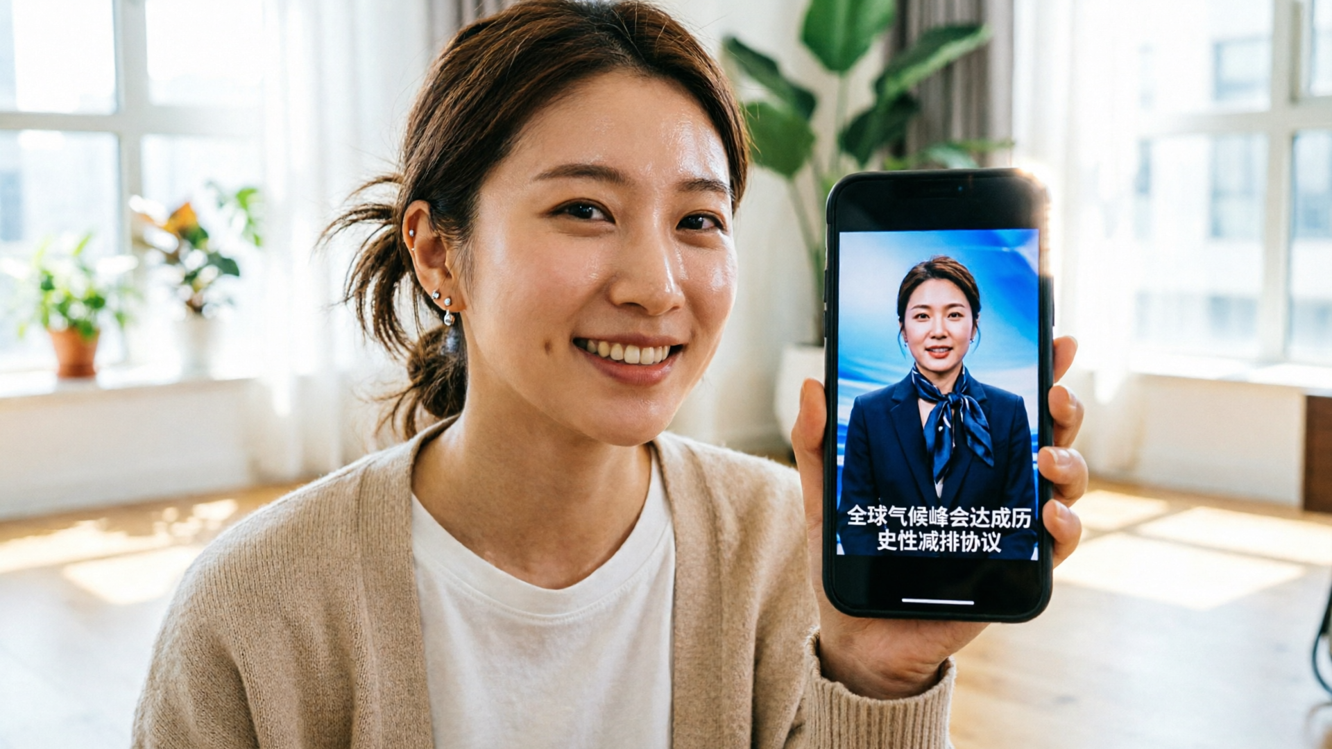 Creator selfie turned into a vertical news-anchor clip