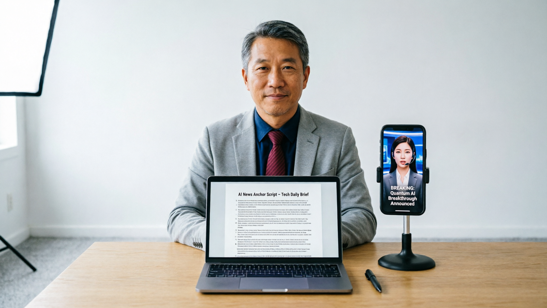 Workspace with headshot, script, and phone showing the final clip