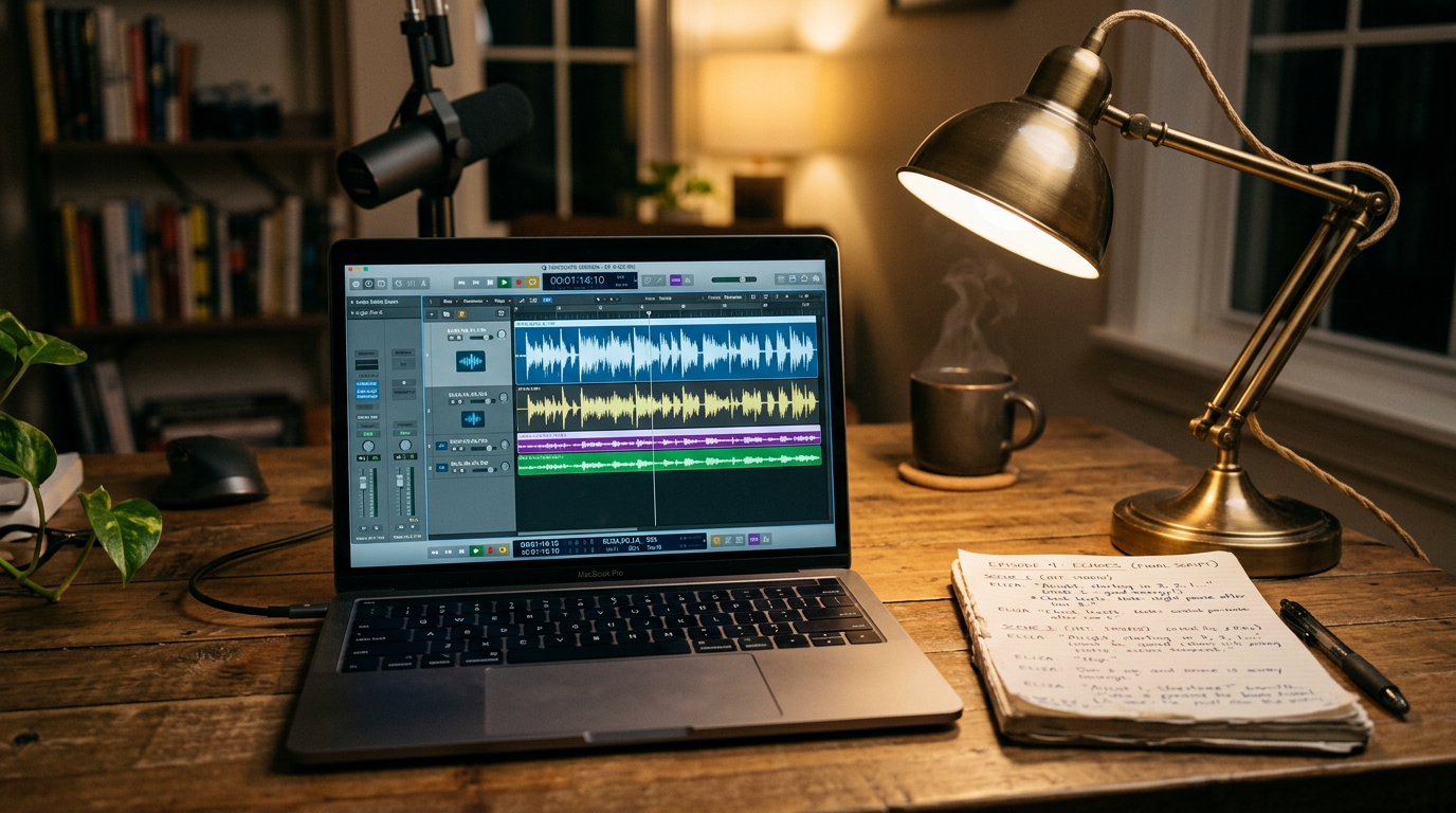 Waveform editor and written script on a laptop