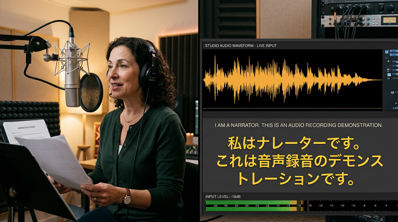 Split-screen of recording and dubbed waveform with subtitles
