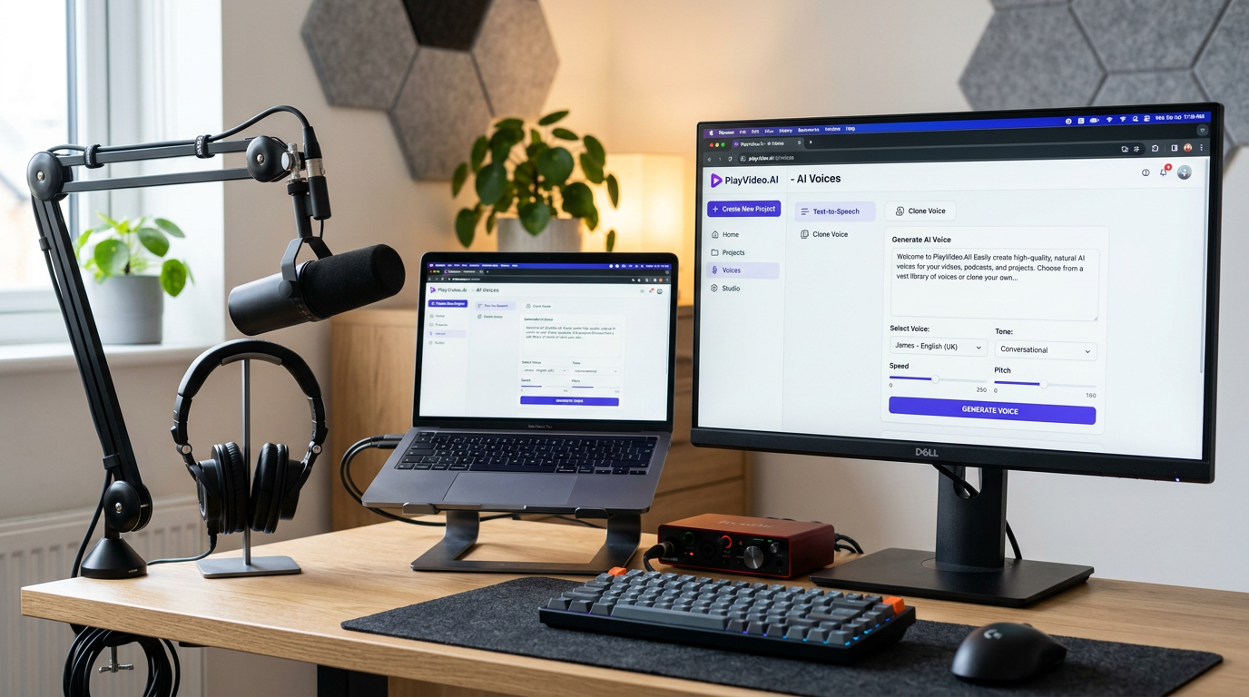 PlayVideo.AI AI Voices interface on a browser beside recording equipment