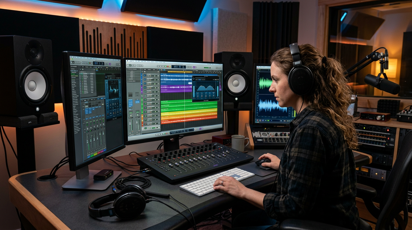 DAW mixing voiceover and music on studio monitors