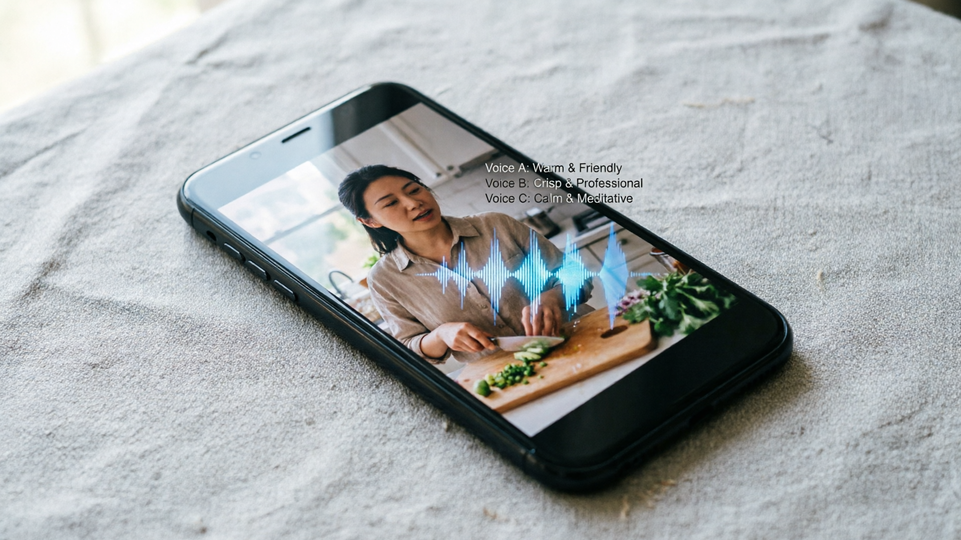 Vertical short on smartphone with waveform and AI voice labels