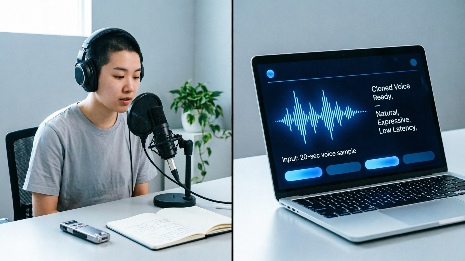 Creator recording sample beside waveform-to-clone UI on laptop