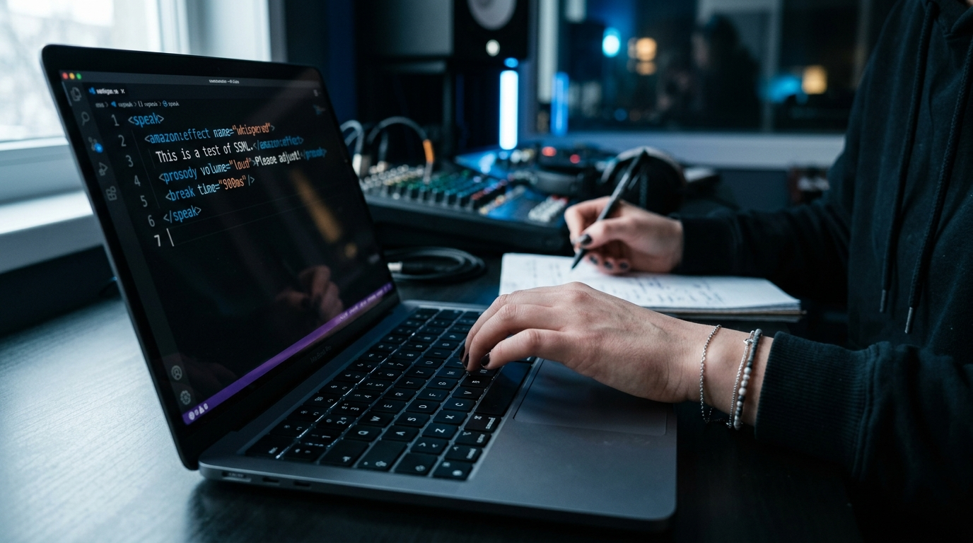 Producer typing SSML tags on a laptop