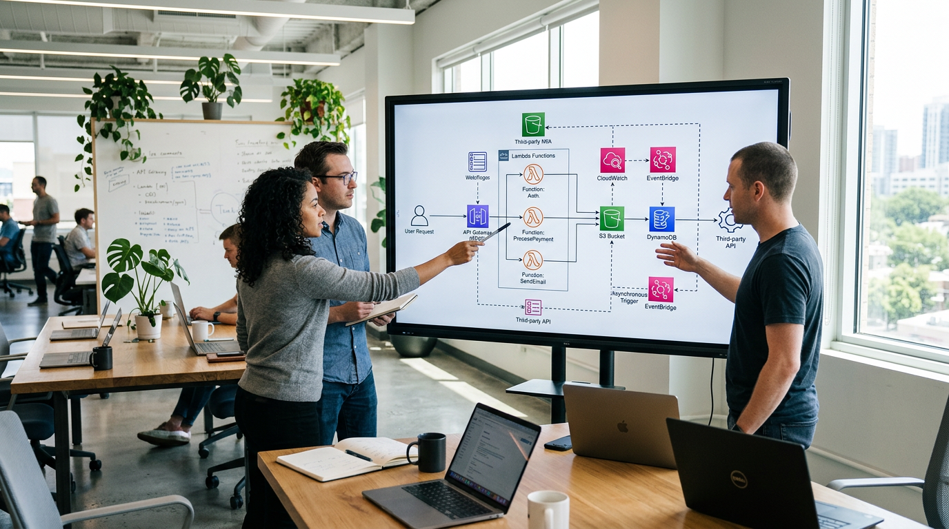 Serverless workflow diagram on office monitor