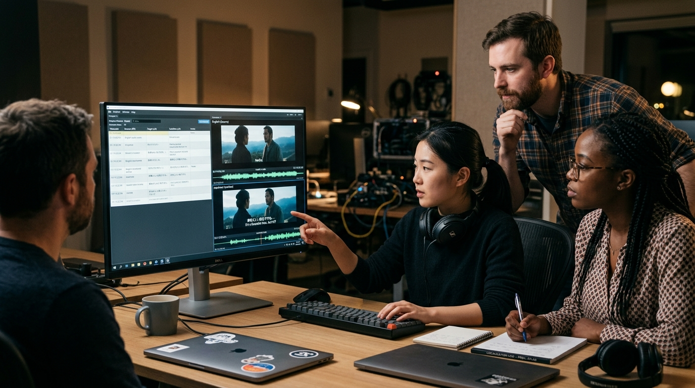 Localization team reviewing multilingual lip-sync tests