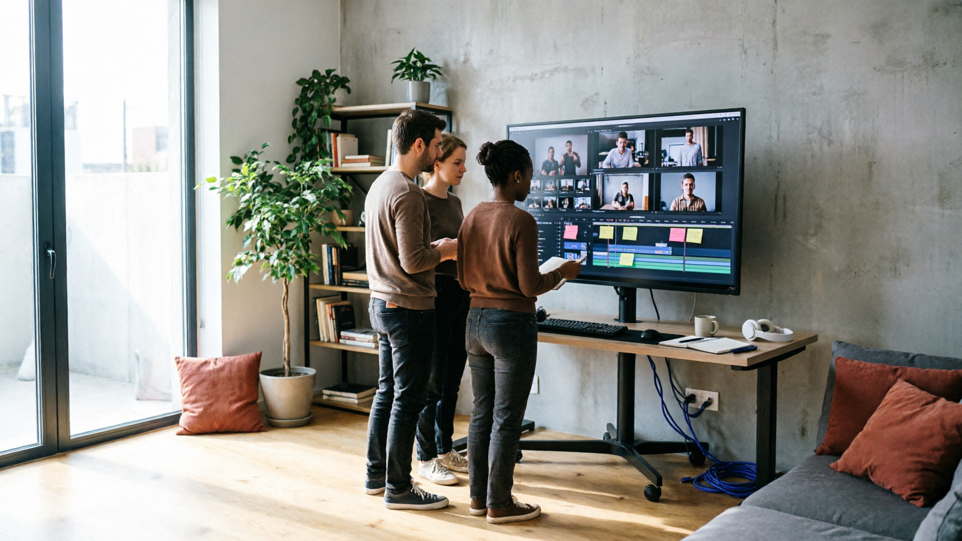Small studio team reviewing episode assets