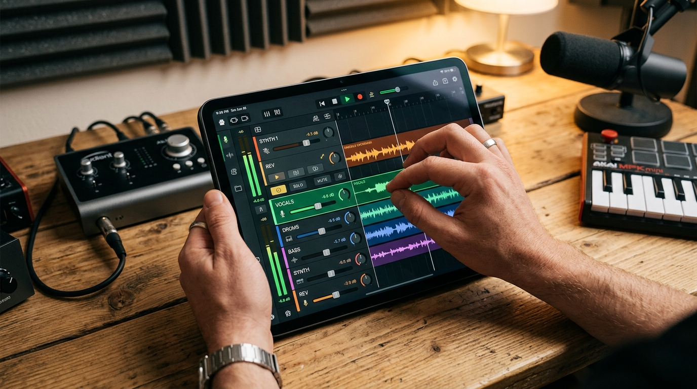 Hands adjusting music sliders on a tablet
