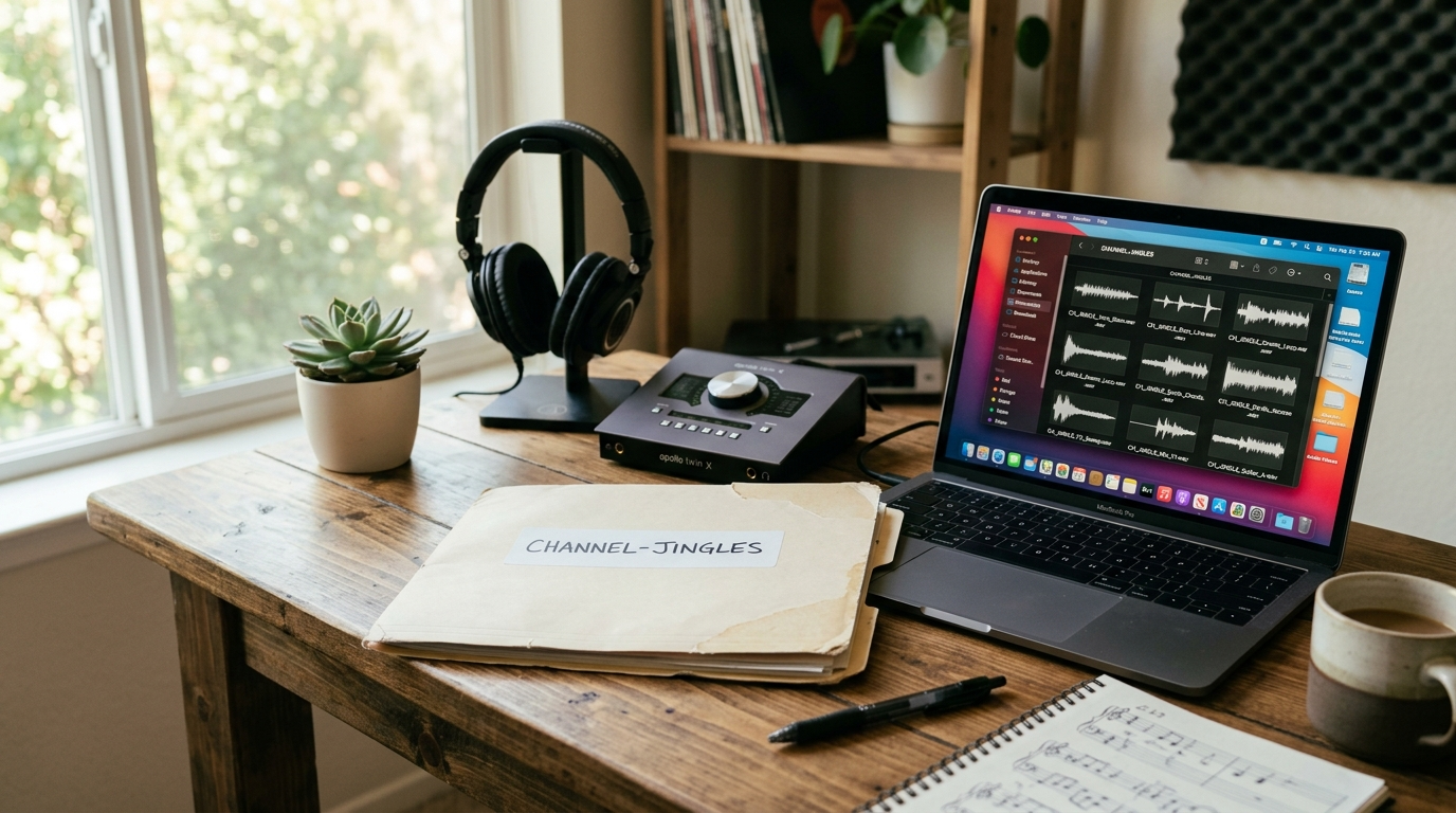 Folder of exported jingle WAV stems on a desk