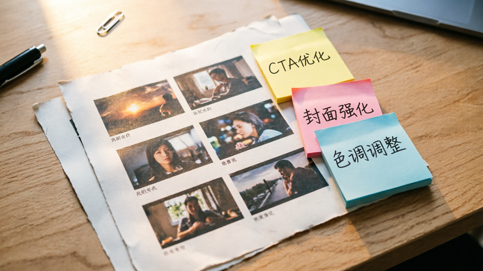 Printed thumbnail mockups on desk with notes