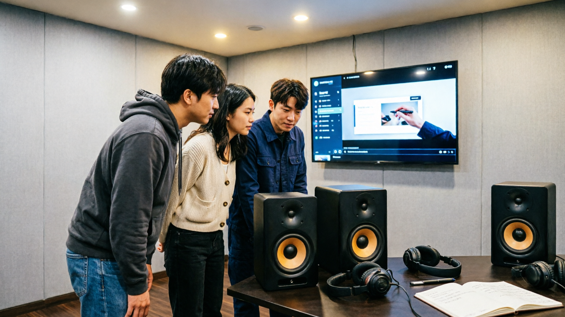 Creators listening to demo audio on studio monitors