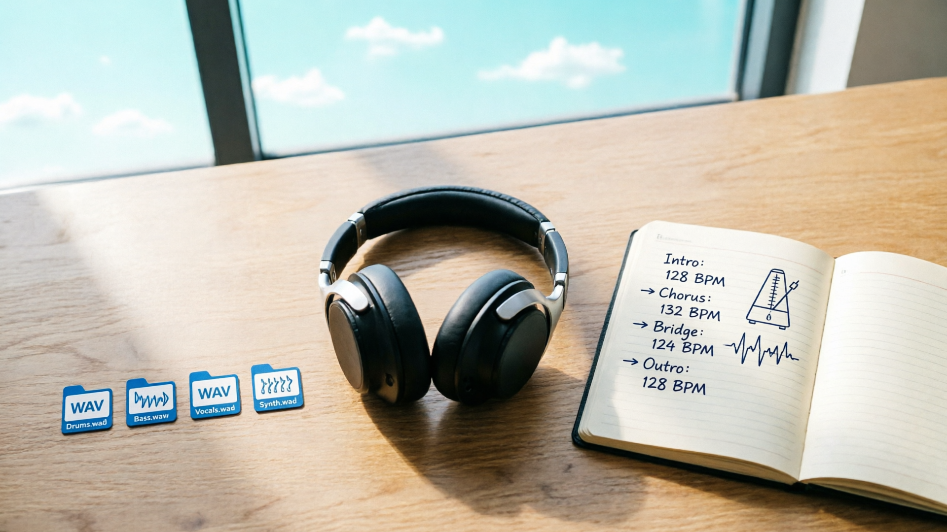Exported stems and BPM notes beside headphones