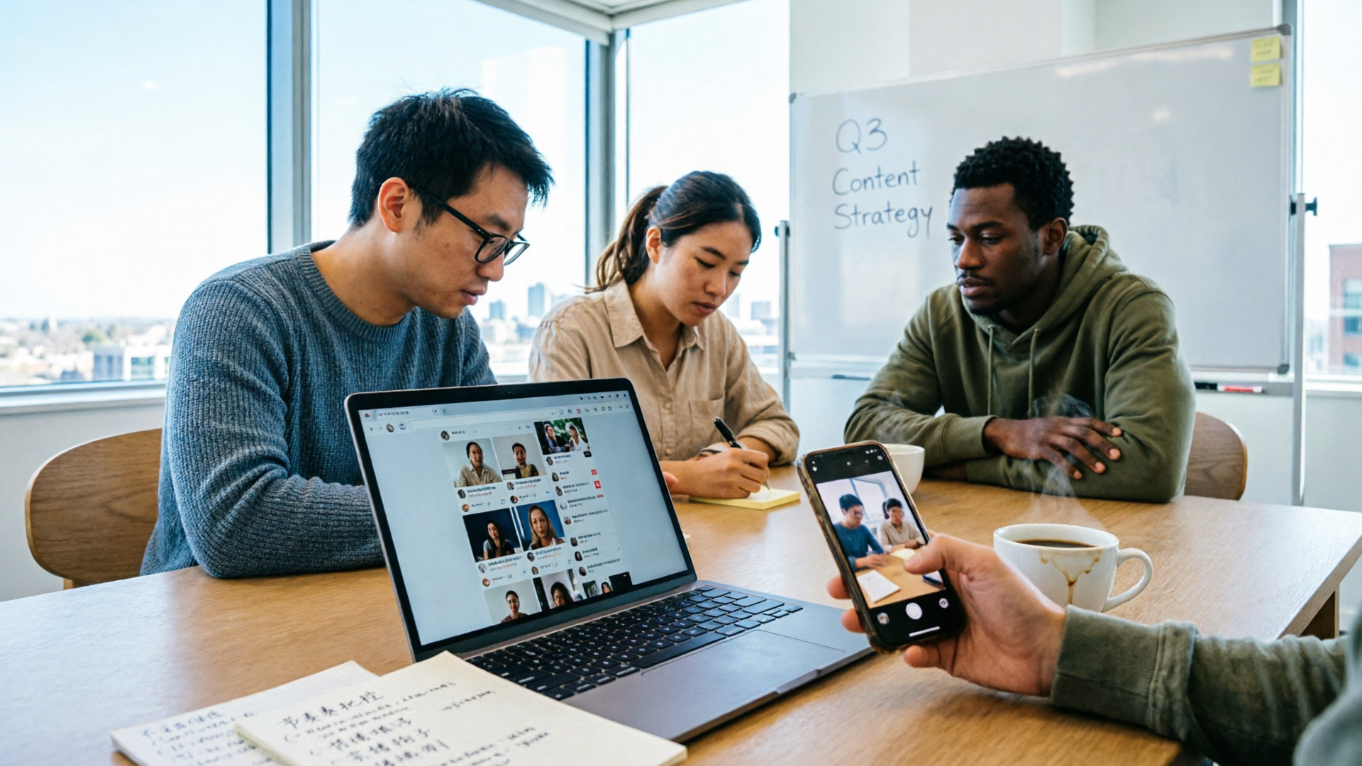 Team reviewing short social clips on mobile