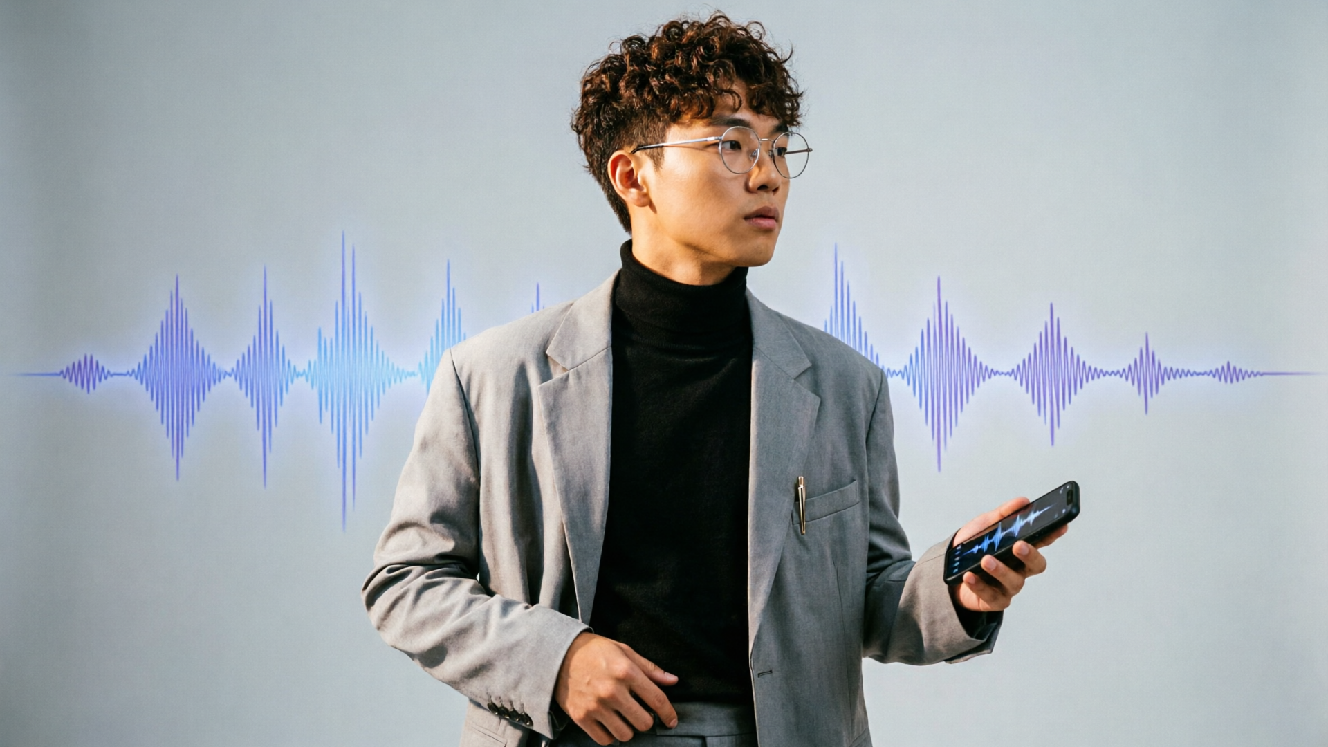 Musician portrait with waveform background
