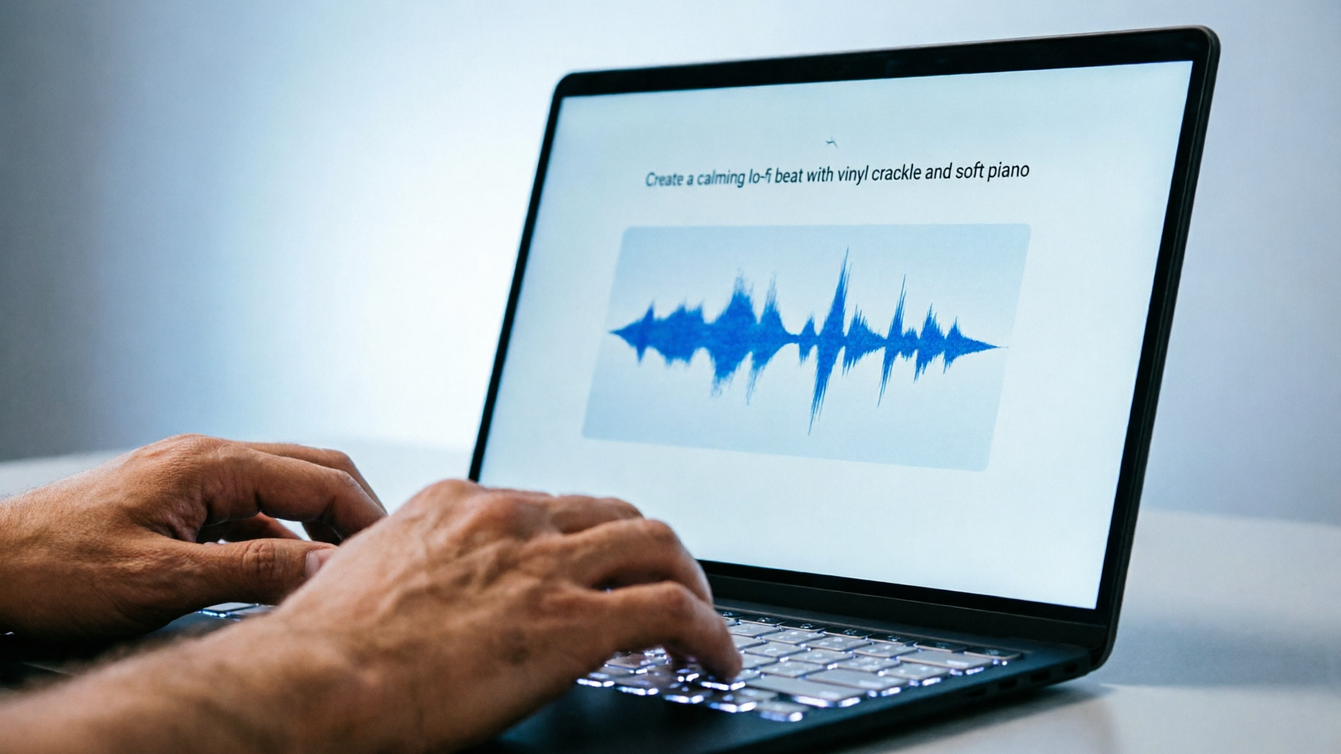 Hands typing music prompt with waveform on screen