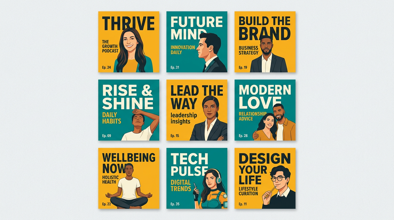 Grid of nine consistent podcast covers showing color and layout variations