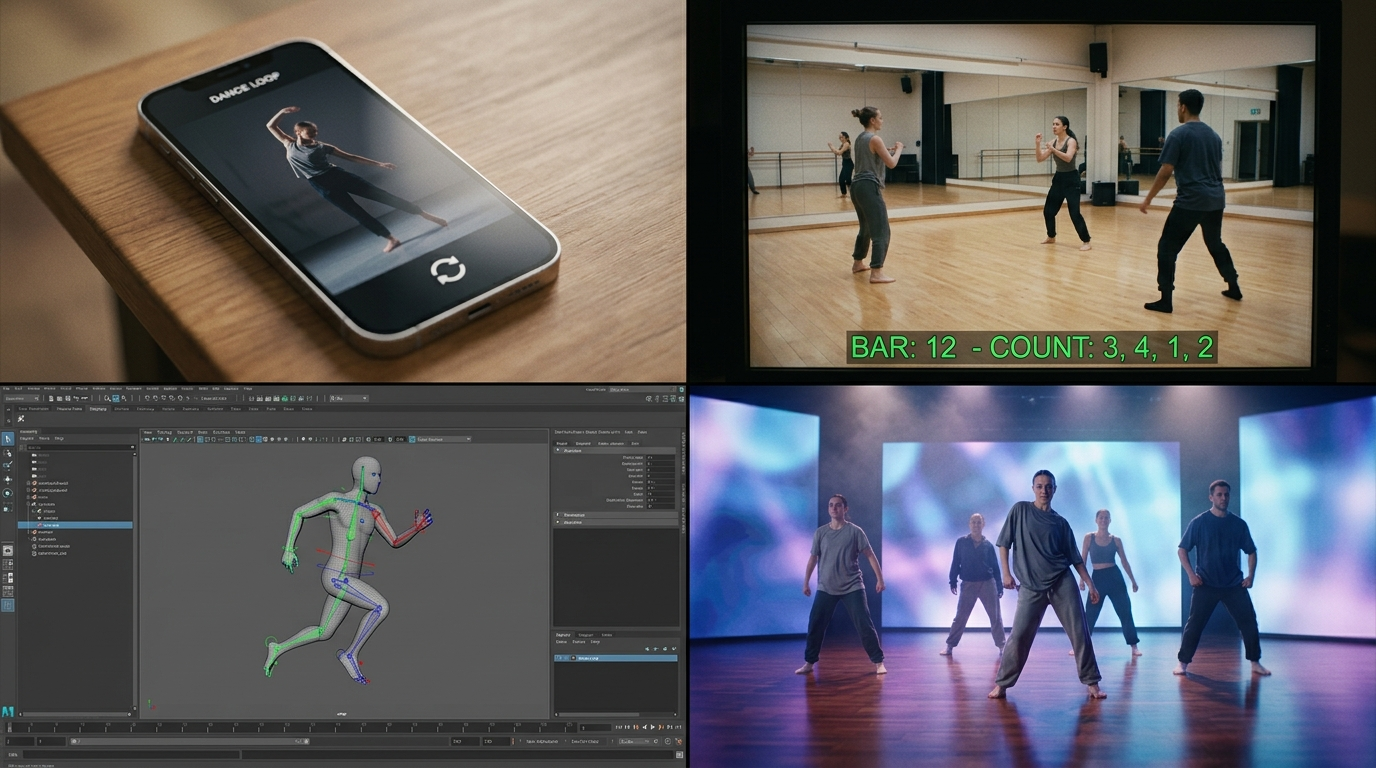 Collage showing outcomes: loop on phone, choreography preview, 3D rig viewport, and group dance on a virtual stage.