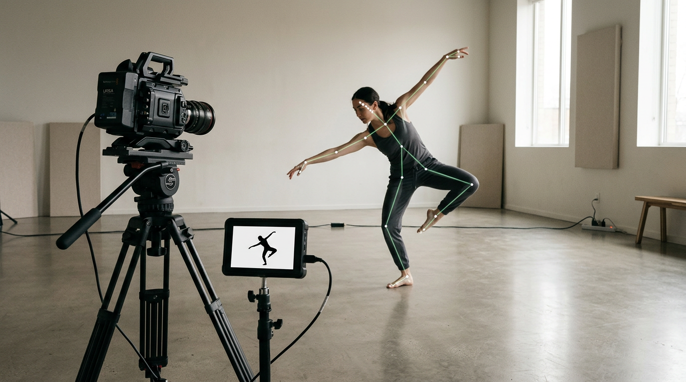 Camera capturing a dancer with skeletal keypoints overlay in a minimalist studio.