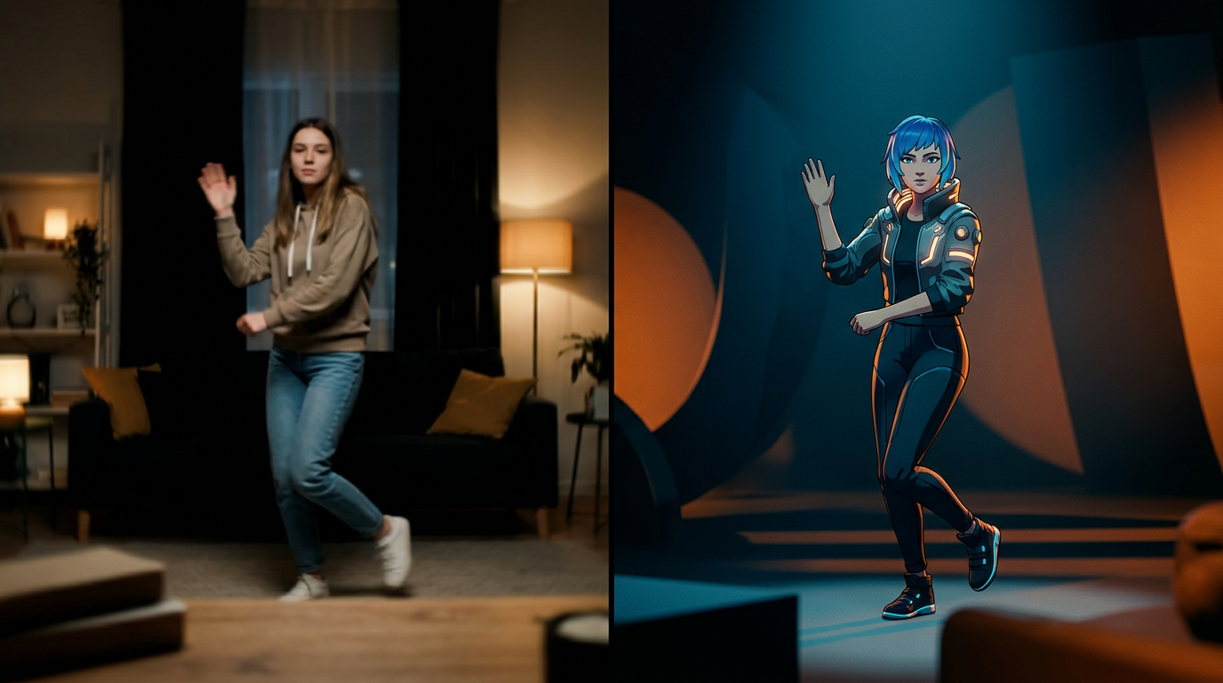 Split view of motion transfer: a phone reference and a stylized character dancing the same move in a clean background scene.`,`3D workspace with a humanoid rig, foot IK controls, graph editor, and floor contact plane visible.`,`Director’s monitor with OpenPose keypoints on a performer and a visible camera path spline.`,`Waveform with beat markers aligned under a dancer’s silhouette for sync reference.`,`Quality control grid illustrating fixes for foot sliding, identity drift, hand artifacts, and multi‑person collisions.