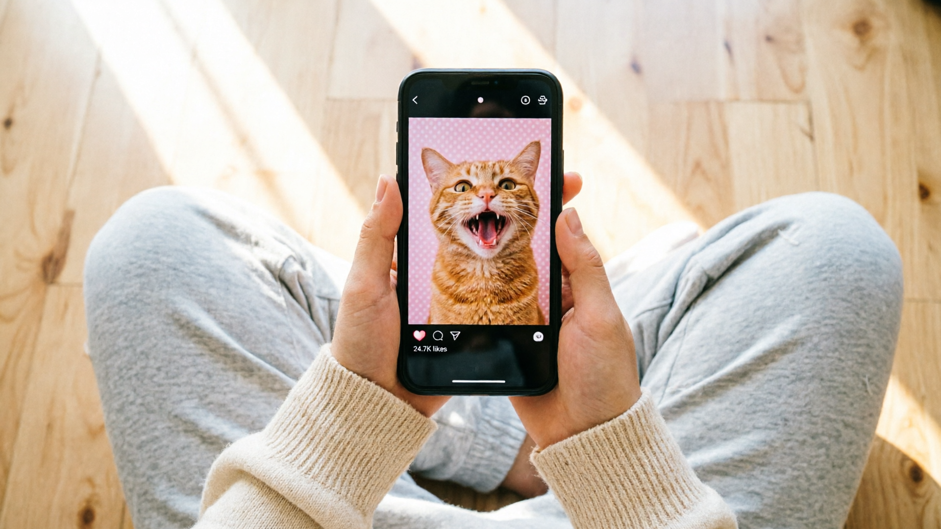 Smartphone showing a vertical singing pet video