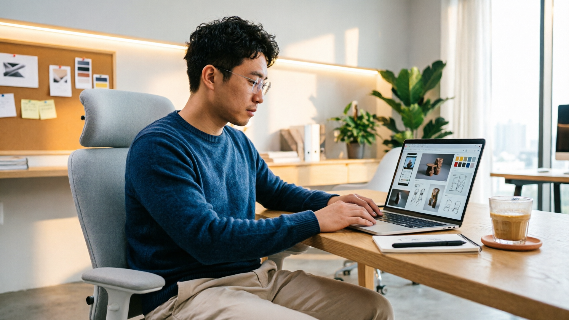 Designer editing thumbnails on a laptop in a studio