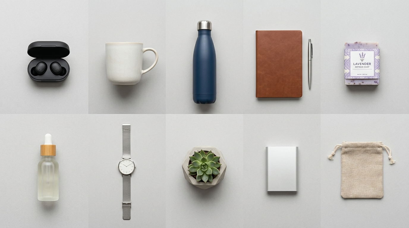Grid of ten isolated product photos on neutral tabletop