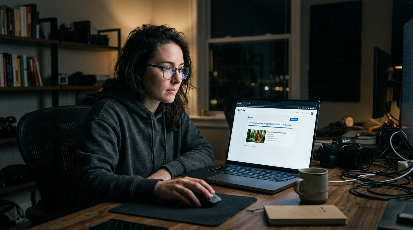 Creator uploading a photo to an AI video tool at a laptop