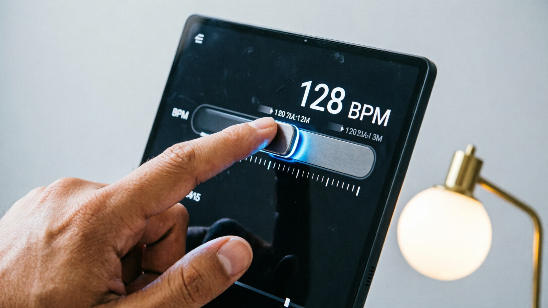 Hand adjusting BPM slider on a music UI