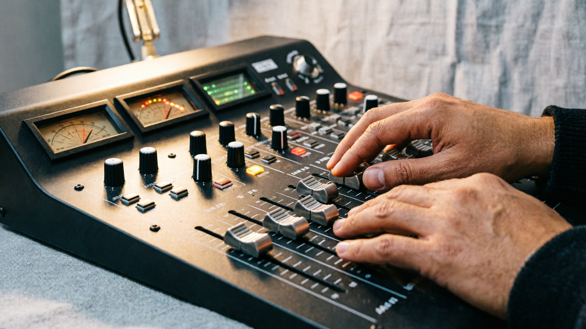 Hands automating ducking on mixing console fader