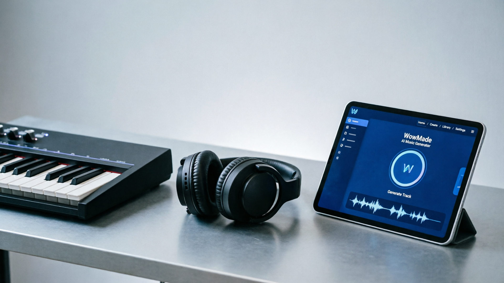 Headphones and MIDI keyboard beside a tablet showing a music generator interface