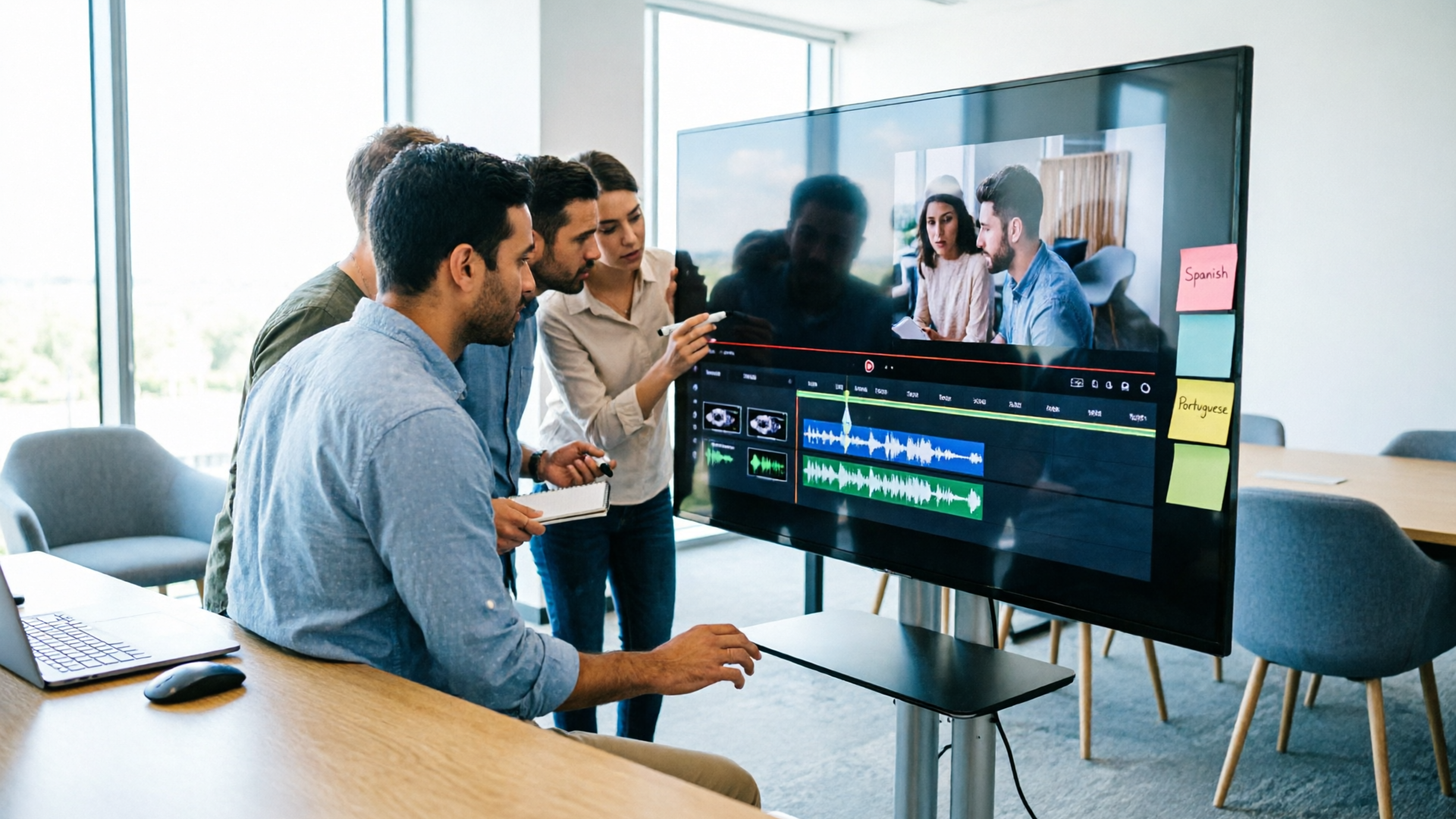 Team reviewing localized videos on a monitor with language notes