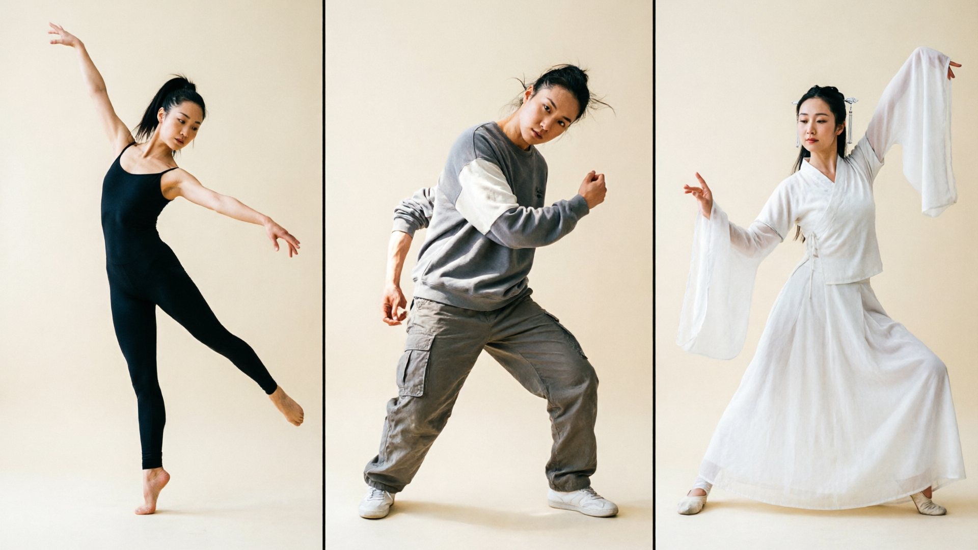 Three vertical variations of the same selfie with different dance templates