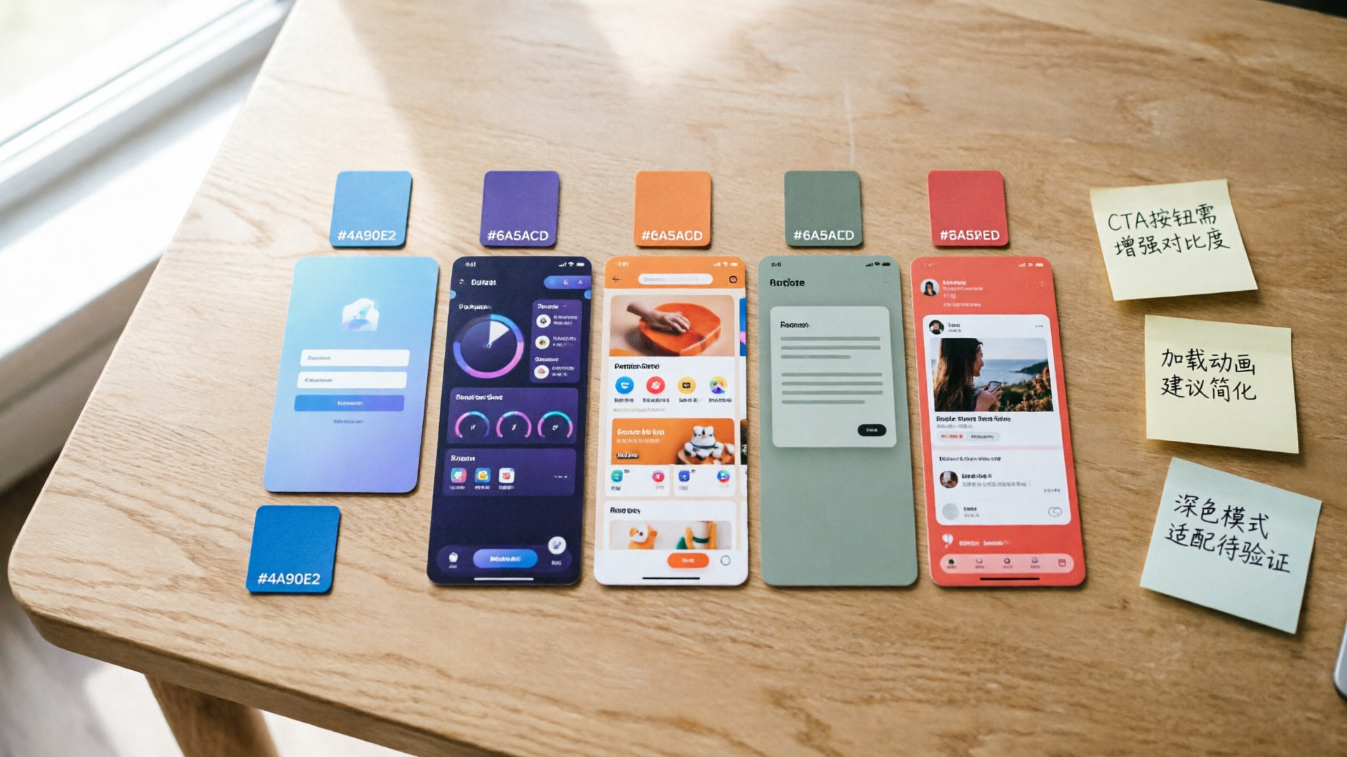 Desk layout with multiple thumbnail variants and color swatches