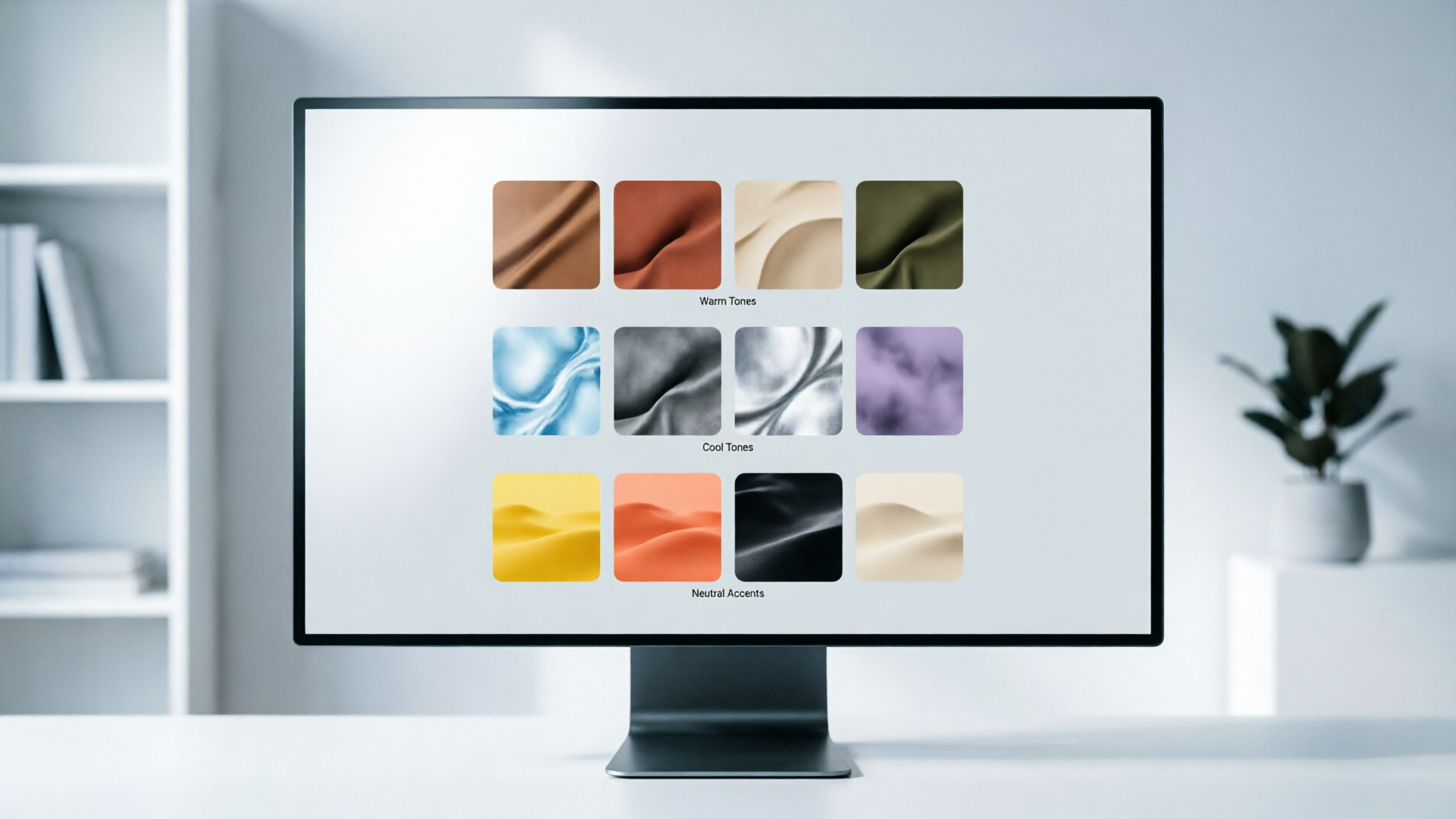 Desktop monitor showing a landing page hero with thumbnail color variants