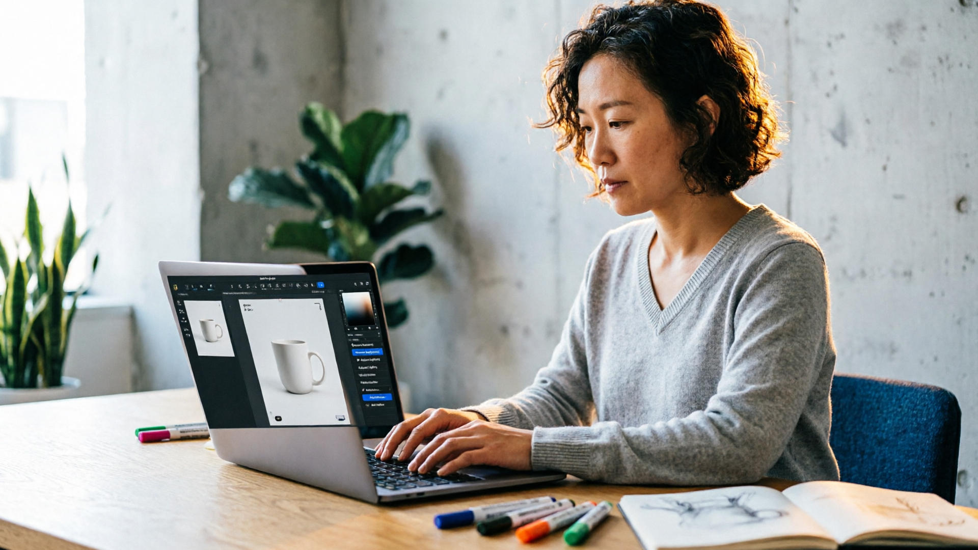 Designer using edit-in-place on a laptop to restyle a product photo