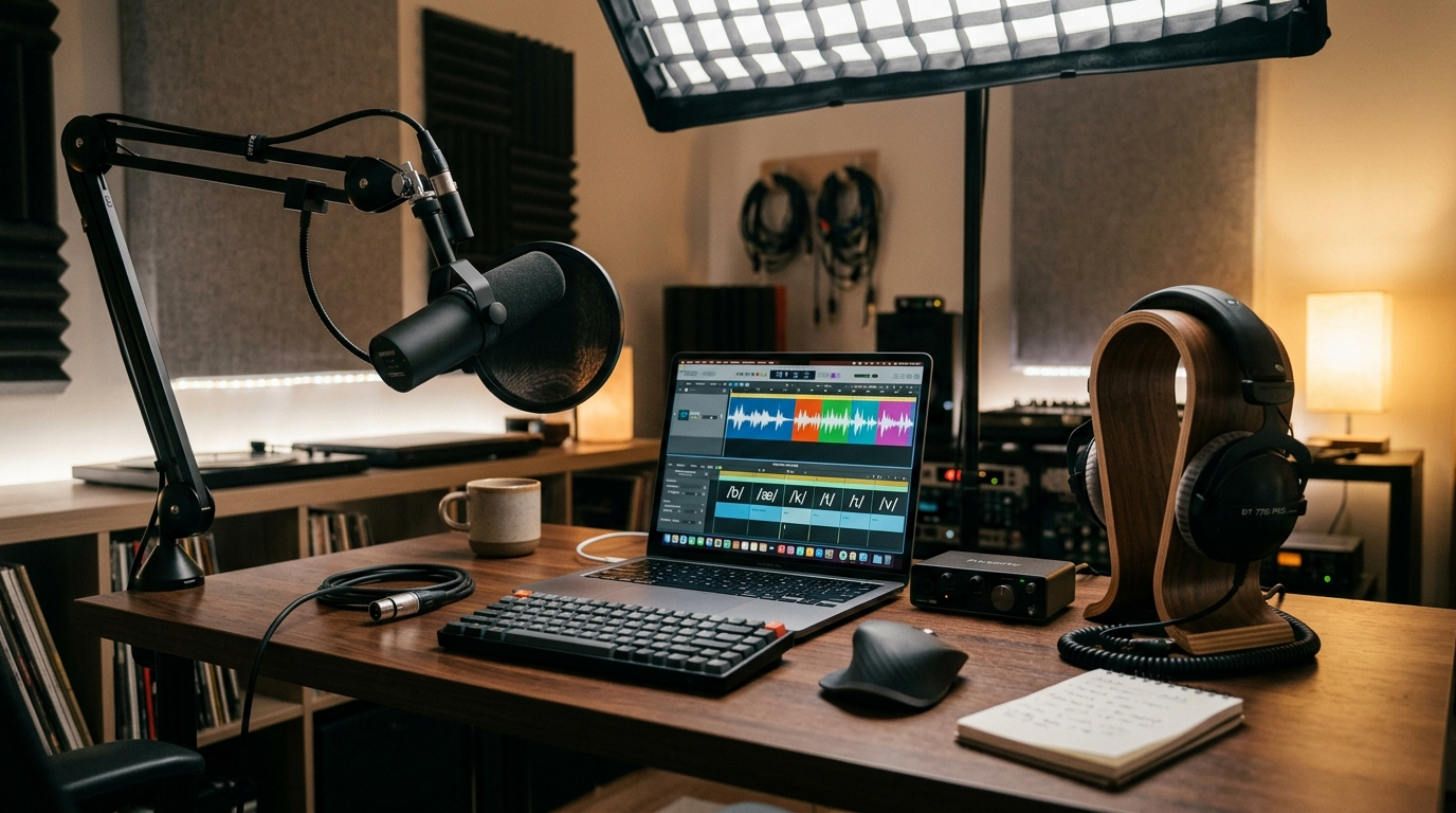 Microphone and laptop showing audio waveform and phoneme timeline on screen.