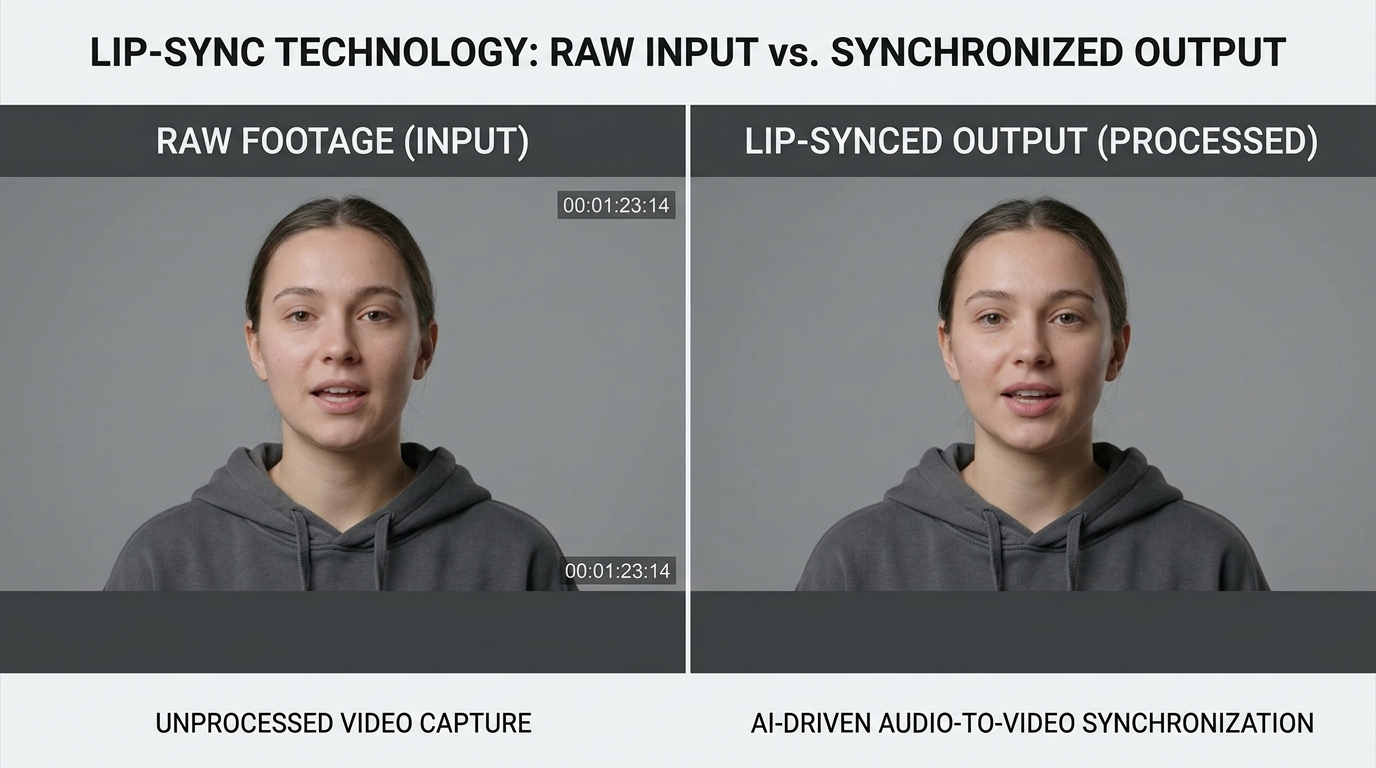 Split-screen comparison of raw footage and processed lip-synced output.
