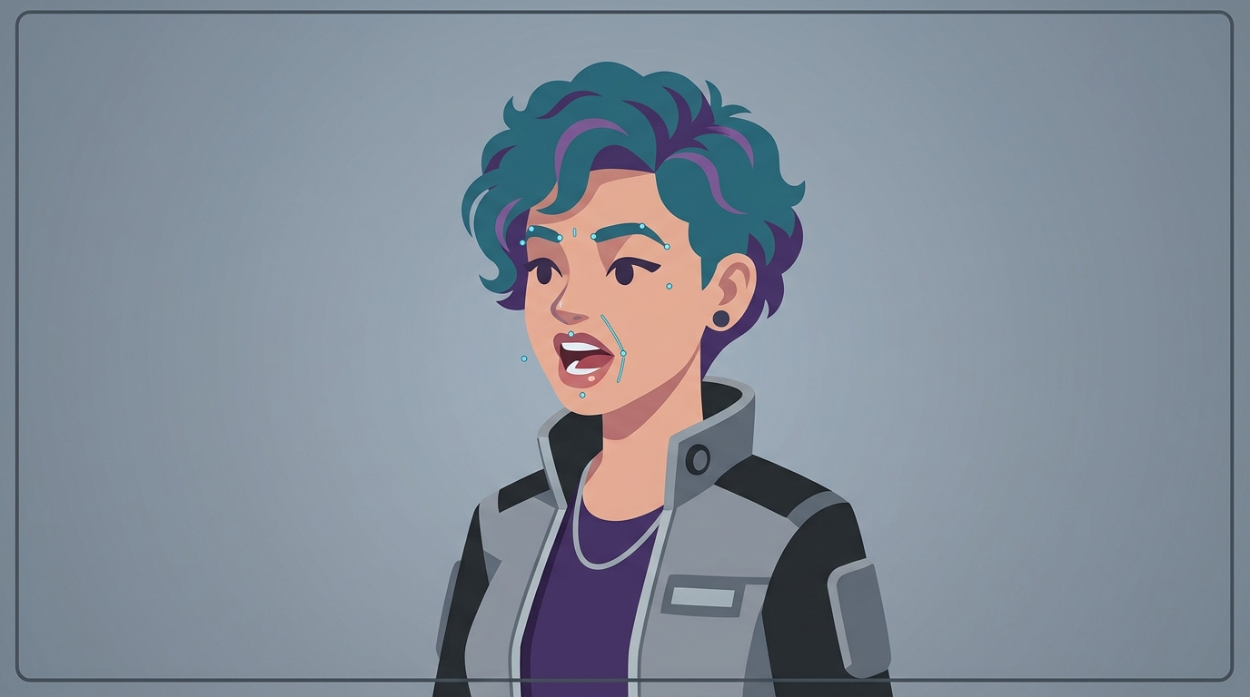 Digital avatar mid-speech with mouth shape indicators.