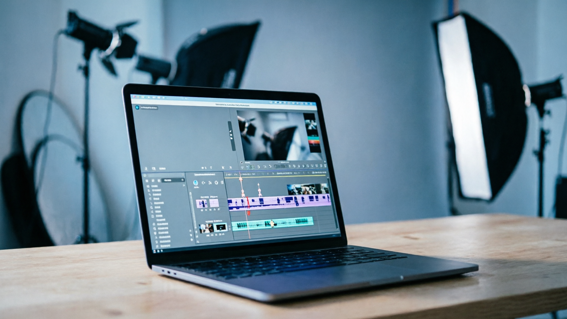 Thumbnail variant showing laptop editing timeline with muted tones