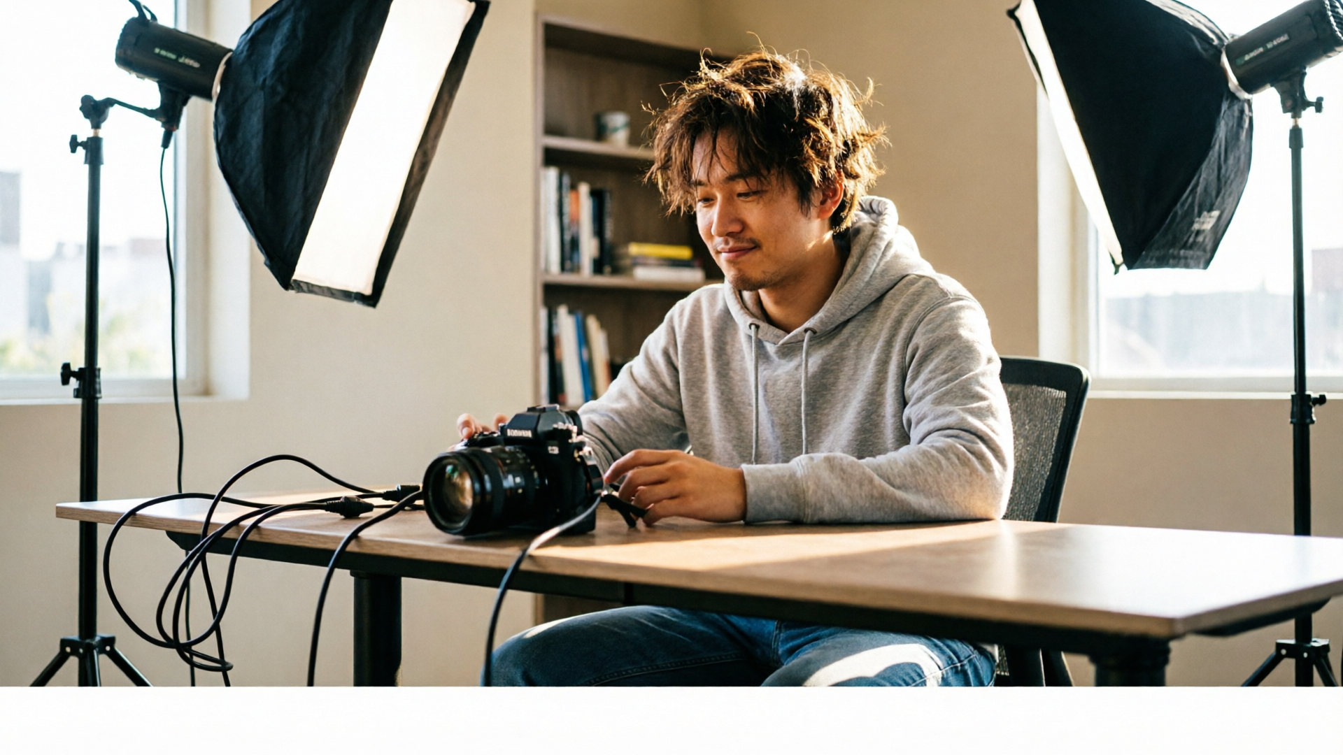 Behind-the-scenes shot of creator at desk with camera and lights
