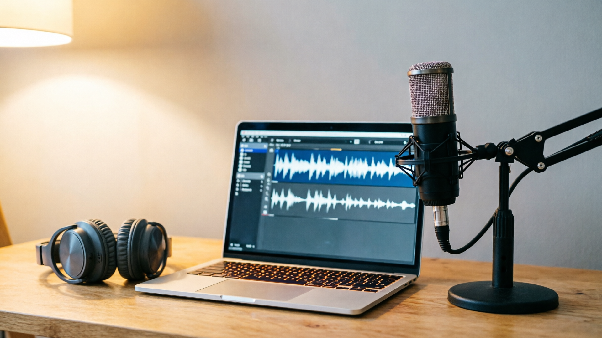 Home studio with laptop, mic, and headphones