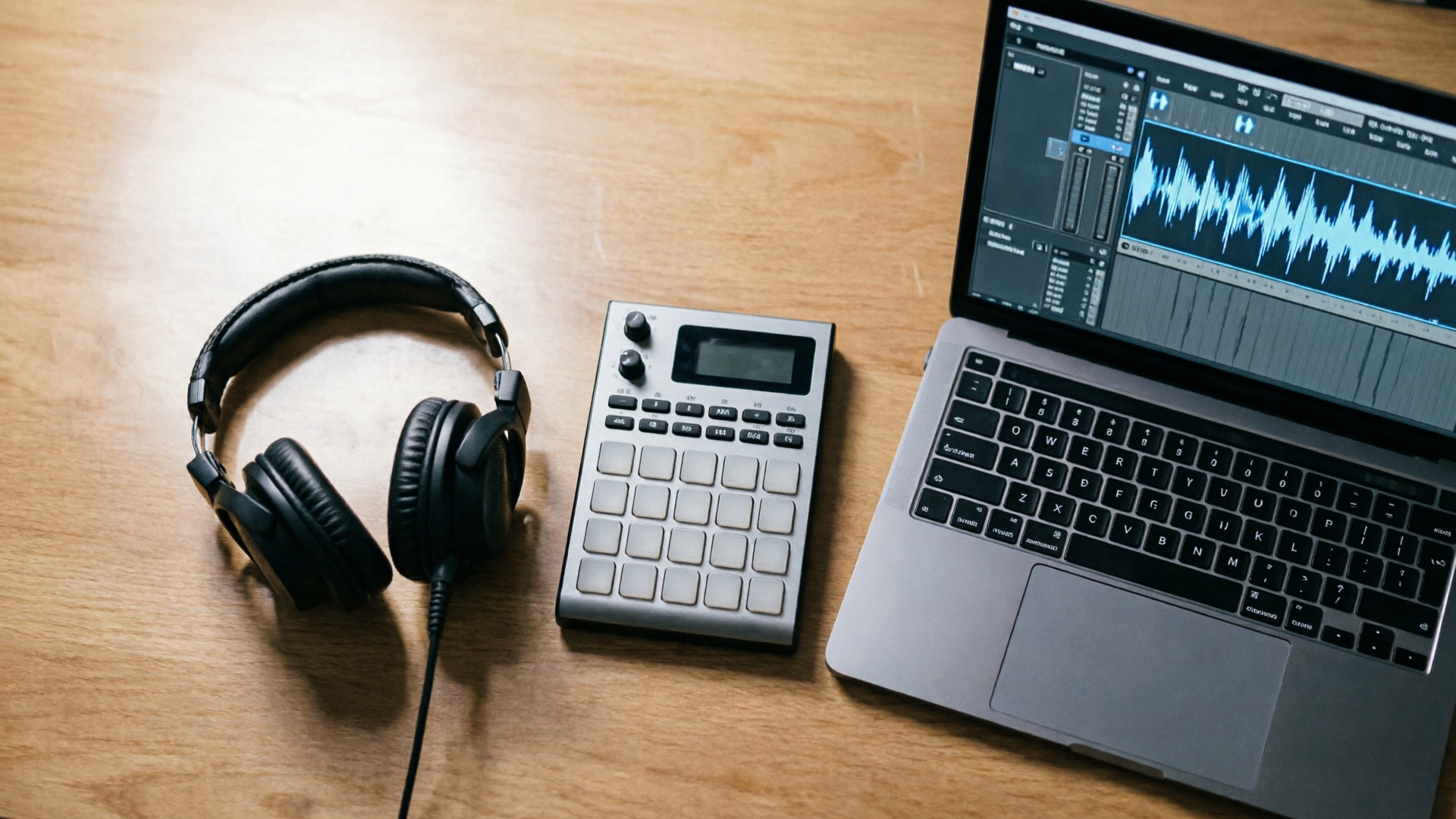Producer desk with 15s loop waveform on DAW