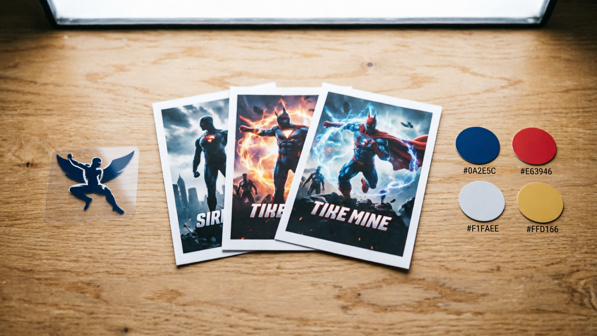 Flat lay of thumbnail mockups, logo, and color swatches