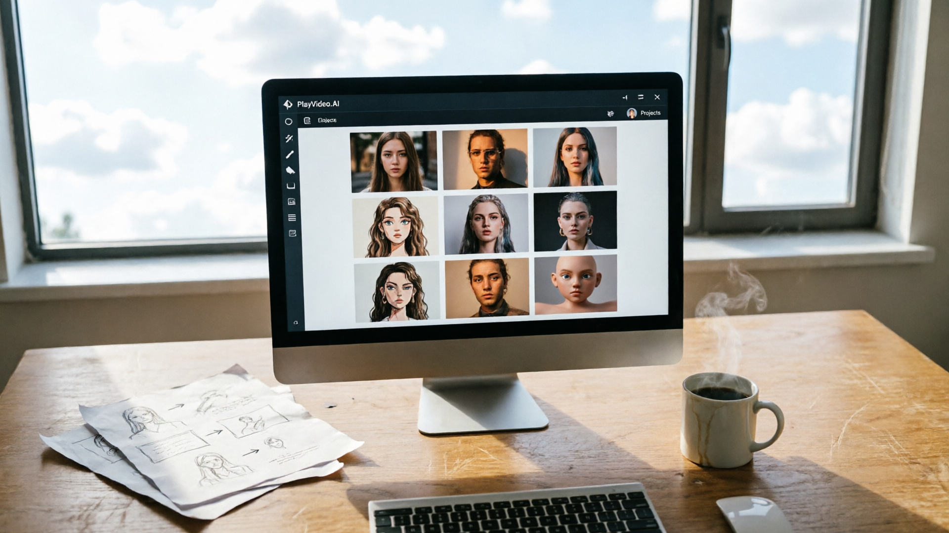 Designer workstation showing an AI image variations grid on screen